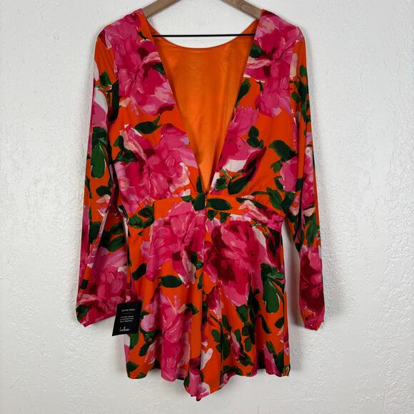 Lulus Sweetest Song Orange Floral Print Backless Long Sleeve Romper NWT Large - Picture 4 of 6
